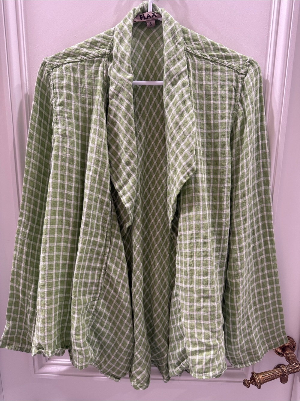 NWOT Flax Light Green and White Plaid Draped Cardigan (171)